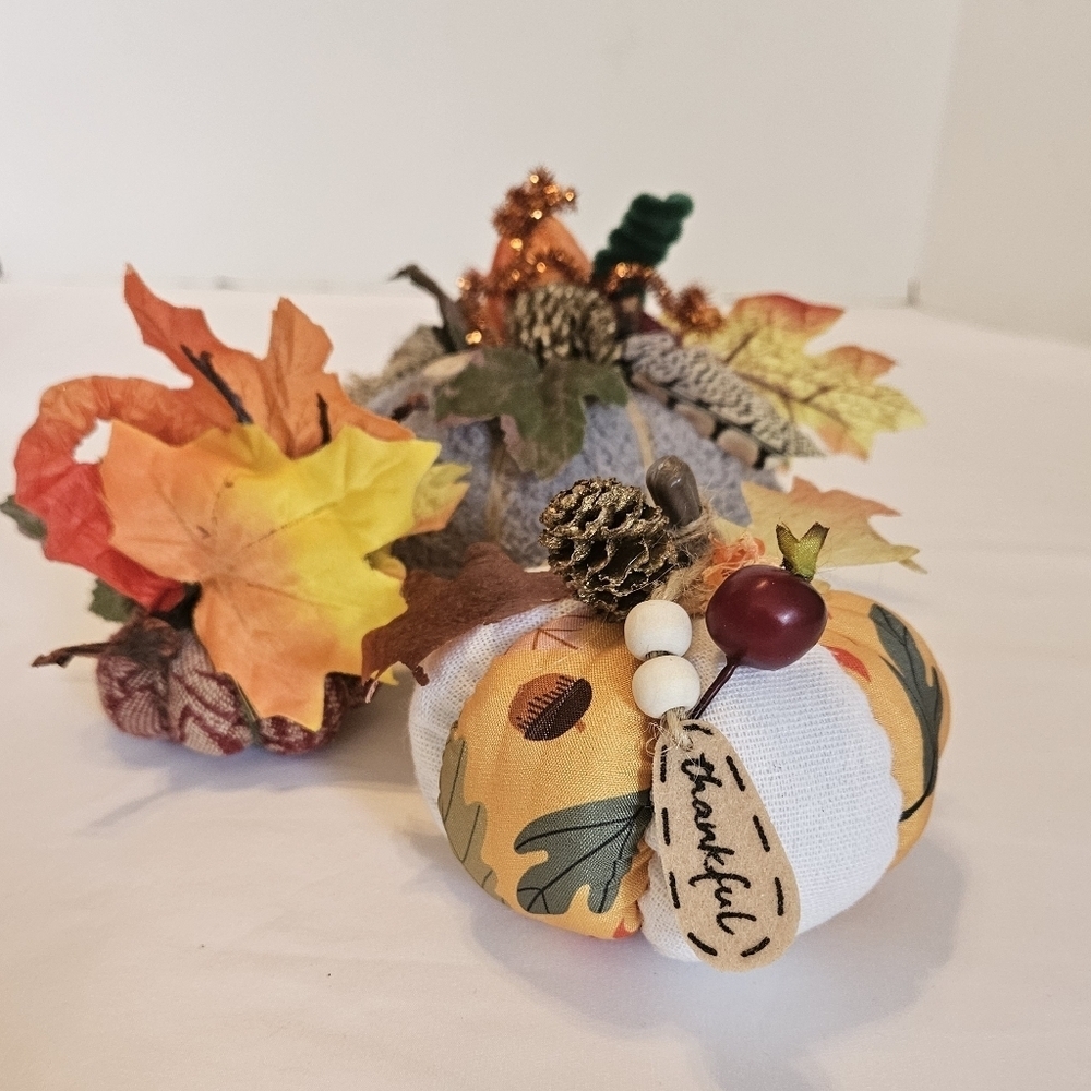 Hand Crafted Fabric Pumkins trio holiday decor harvest motif fall handmade art - Picture 7 of 16